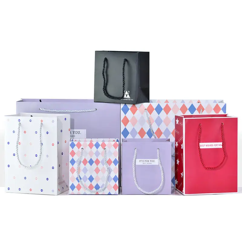 New simple square purple paper clothing birthday portable storage wholesale gift bags with tissue paper