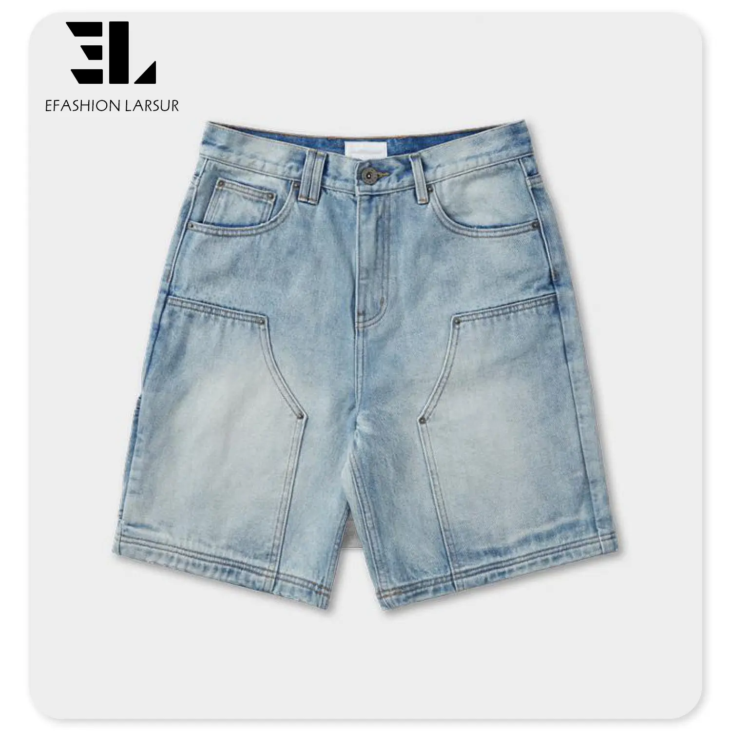 LARSUR Short de menuisier à double genou avec logo personnalisé OEM ODM ample pantalon court cargo en denim lavé pour hommes