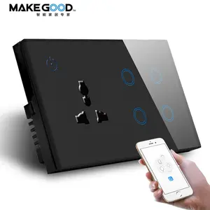 4Gang Wifi Touch Switches With Wall Socket Tuya Smart Touch Switch crystal tempered glass panel Smart sockets and switches uk