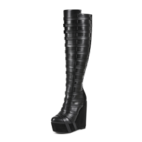 Bottes hautes gothiques à plateforme compensée pour femme en cuir PU, avec design multi-bandes, talon, pour club et soirée