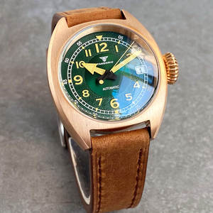Orologio da Polso da Uomo in Bronzo CUSN8/Titanio con Quadrante Verde, Modello da Pilota/Campo, Luminoso e dal Carattere Retrò con Cinturino in Pelle - Product Image 2