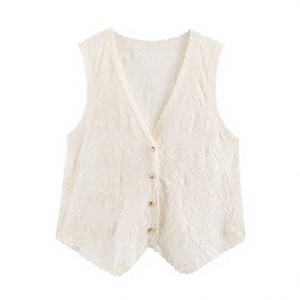 <b>Women's</b> Vintage Lace V-neck Sleeveless Vest With Button Closure Breathable Cotton Floral Pattern Knitted <b>Waistcoat</b> - Product Image 3