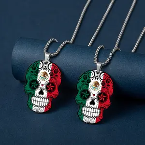 Cool fashional stainless steel halloween gift 42 countries flag skeleton necklace