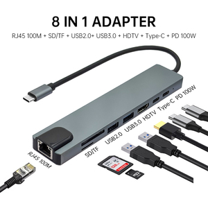 8 trong 1 USB3.0 Type-C HUB 4K HDTV SD TF PD Giao hàng điện sạc Video USB C 100M <span class=keywords><strong>Ethernet</strong></span> Docking Station cho máy tính xách tay - Product Image 2