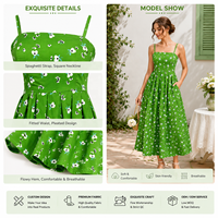 Robe midi évasée pour femme, verte, à motif floral, à fines bretelles, col carré, style bohème, décontractée, d'été, tissée, lavable, antistatique