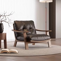 Fauteuil lounge vintage en bois massif avec coussin en cuir véritable pour balcon/salon, lecture et détente