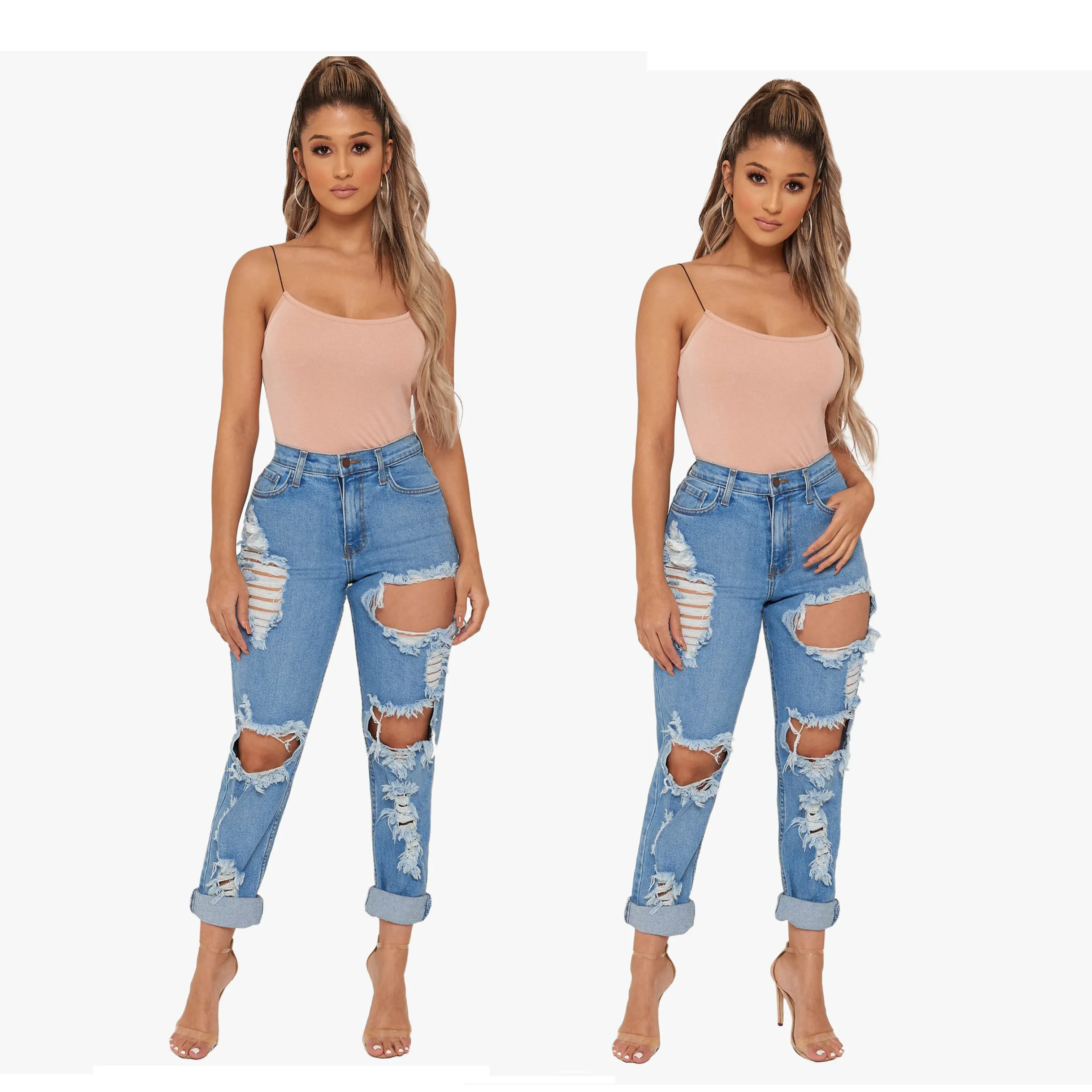 2022 Fashion oem big size high waist slim denim ladies ripped loose sexy pants elastic solid women jeans
