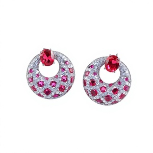 Boucles d'oreilles pendantes en moissanite rouge rubis, avec halo rond, plaquées rhodium, bijoux de déclaration pour les mariages et les fêtes, ORIGINAL - Product Image 4