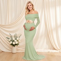 Robe de maternité sur mesure vert sauge pour séance photo, épaules dénudées, fleurs 3D, fente, service de personnalisation du fabricant