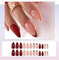 Faux ongles faits main, style français, forme amande, pré-dessinés, prêts à poser, avec strass