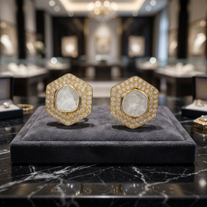Classic Traditional Hexagon <b>Stud</b> <b>Earrings</b> In 18K Gold With Diamonds and Polki Crystals <b>Fine</b> Jewellery For Women Handmade - Product Image 3