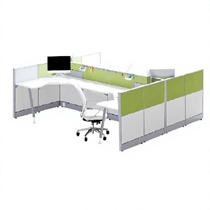 Modern Industrial Design Modular Rectangle <b>Office</b> Workstation <b>Desk</b> with Wood Veneer and Green Partition Panels - Product Image 5