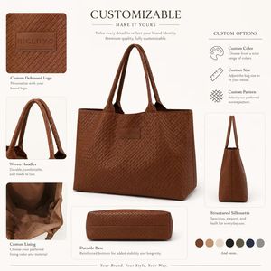Wholesale Brown Woven PU Leather Tote <b>Bag</b> Women <b>Large</b> Capacity Shoulder Handbag Custom Logo Shopping <b>Bag</b> OEM ODM Factory - Product Image 2