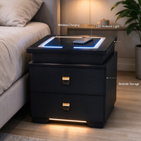 Table de chevet nordique simple et intelligente avec chargeur sans fil, plateau en verre, lumière LED, 2 tiroirs, grande capacité, table de chevet pour chambre à coucher