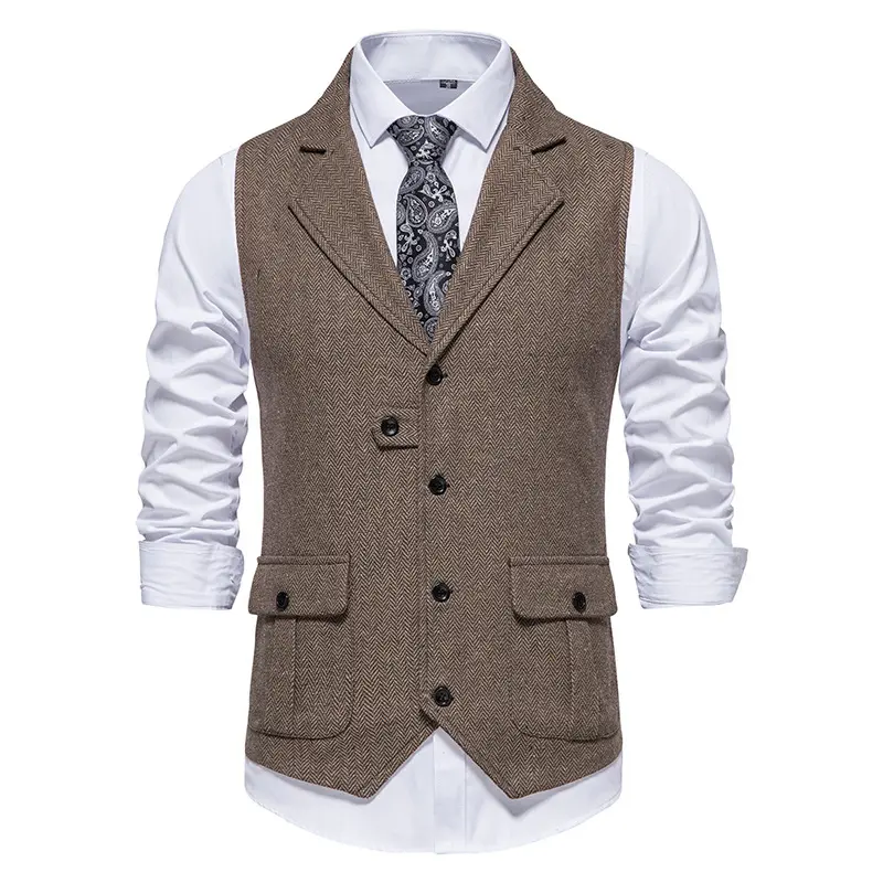 Men's herringbone tweed suit vest vintage lapel vest New Men's Brown Vest Suit Single breasted Designer Brand Sleeveless Formal
