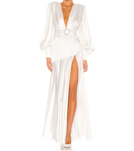 Abito da Sera con Maniche a Sbuffo per Donna, Scollo a V, Spacco Alto, Sexy Abito da Sposa Bianco, Maniche Lunghe, Vestito Lungo in Raso - Product Image 1