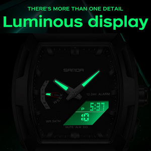 SANDA 6339 Montre unique de forme tonneau à grand cadran, montre-bracelet électronique de sport multifonctionnelle étanche avec heure mondiale - Product Image 2