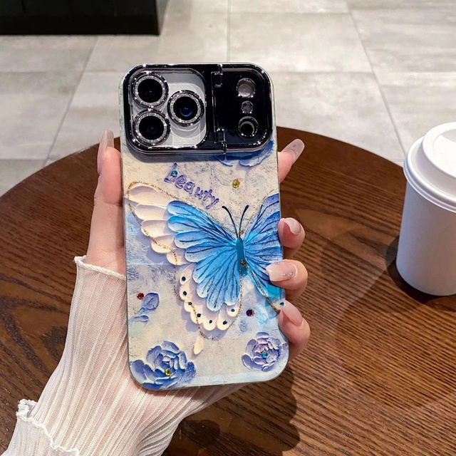 Holder for iphone 17 16 Plus 15 14 13Pro Max Strong Stand Imd Flower Back Cover Glossy Diamond Lens Butterfly Girls Phone Case