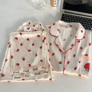 Insスタイル甘くてかわいいストロベリープリント女の子シミュレーションシルクパジャマ半袖ロングパンツラウンジウェア外着可能 - Product Image 5