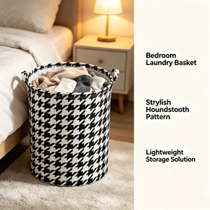 Black and White Houndstooth <b>Laundry</b> <b>Basket</b> <b>Foldable</b> Oxford Storage Bin with Handles for Bathroom Kitchen Living Room - Product Image 4