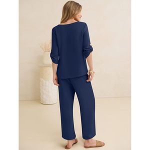 Womens Summer <b>2</b> <b>Piece</b> Lounge <b>Set</b> 3/4 Sleeve V Neck Top Wide Leg Palazzo Pants Breathable Casual Beach Travel Outfits - Product Image 5