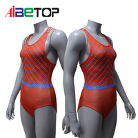 Justaucorps de gymnastique vintage américain pour lycéennes, rouge, bleu, orange, à chevrons, avec strass, dos croisé, sans manches
