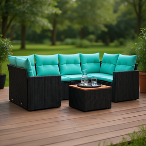 Black Poly Rattan Patio <b>Sofa</b> Set With Cushions <b>7</b> <b>Seater</b> Outdoor Furniture Contemporary Style - Product Image 2