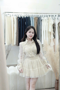 Conjunto de Blusa de Encaje Vintage y Falda de Tul, Conjunto de Shorts, Cuello Camisero, Manga Larga, Atuendo Ligero de Poliéster - Product Image 6