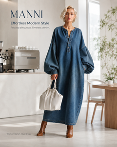 Abito da Donna Personalizzato, Vestito in Denim Blu con Maniche a Sbuffo, Vestito Lungo Estivo da Donna - Product Image 3