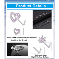 Anneau de nez en acier inoxydable avec pierre CZ rose en forme de cœur, abeille ou feuille pour femmes, bijoux de piercing de nez tendance