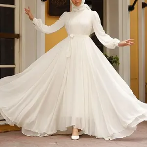 Africano Dubai mujeres musulmanas sólido Stand Collar Abaya elegante A-line gasa manga larga vestido modesto