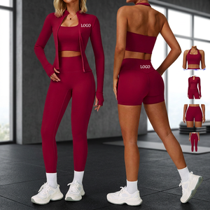 Ensemble de yoga 2 pièces pour femme, couleur unie, legging taille haute, crop top, veste à quart de zip, sans couture, en spandex et polyester, tenue de sport - Product Image 2