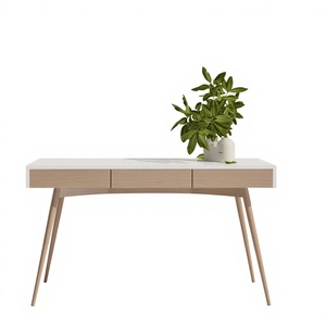 Escritorio moderno de madera escandinava con superficie blanca y tres cajones para uso en oficina en casa - Product Image 1