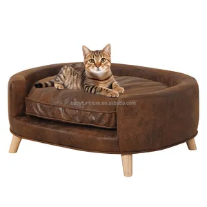 Handmade High-end Fabric Dog Bed Solid Wood Frame Pet Bed Dirt Resistant Retro Coffee Color Kennel Suitable For Pet Rest Use