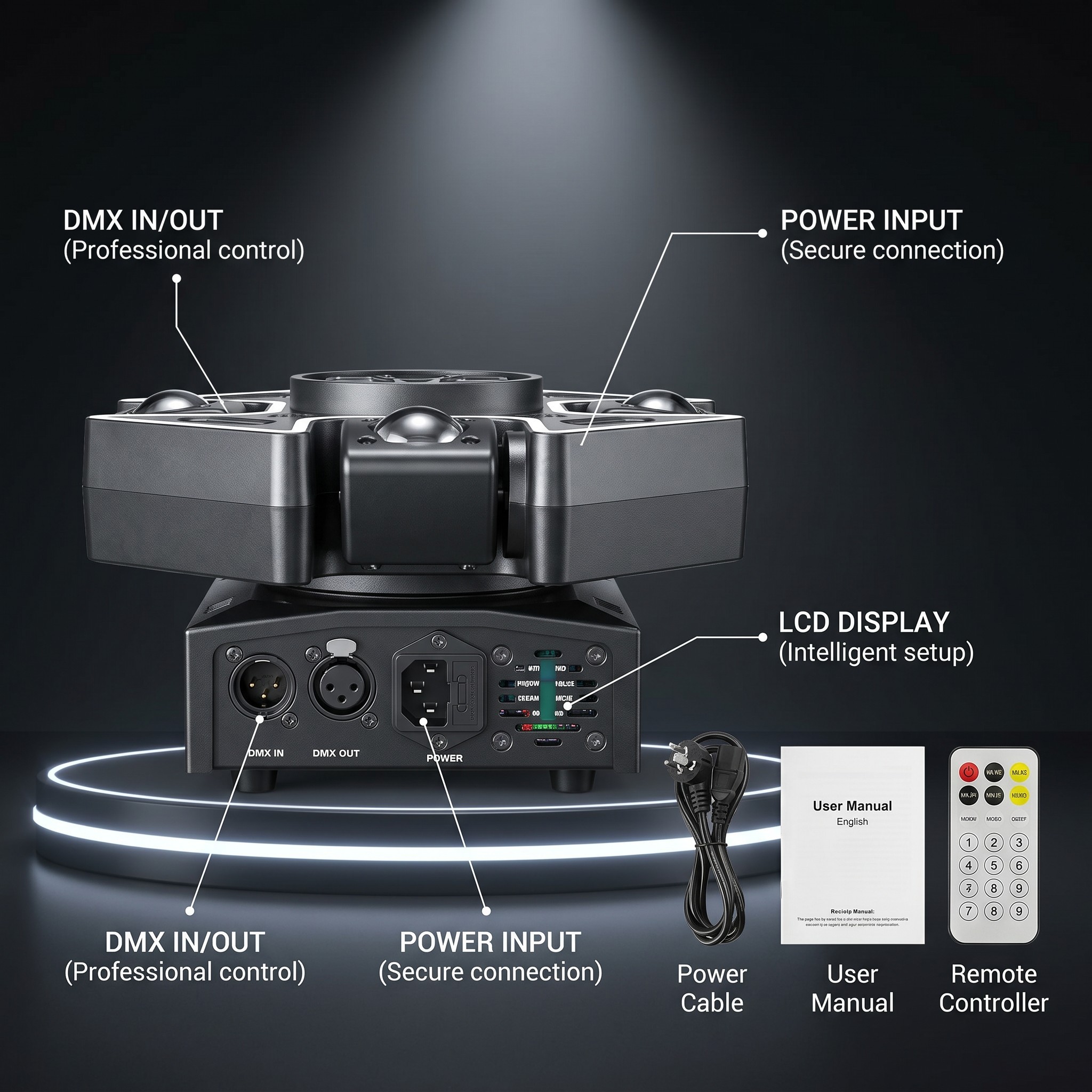 Connectique DMX, alimentation et écran LCD du projecteur