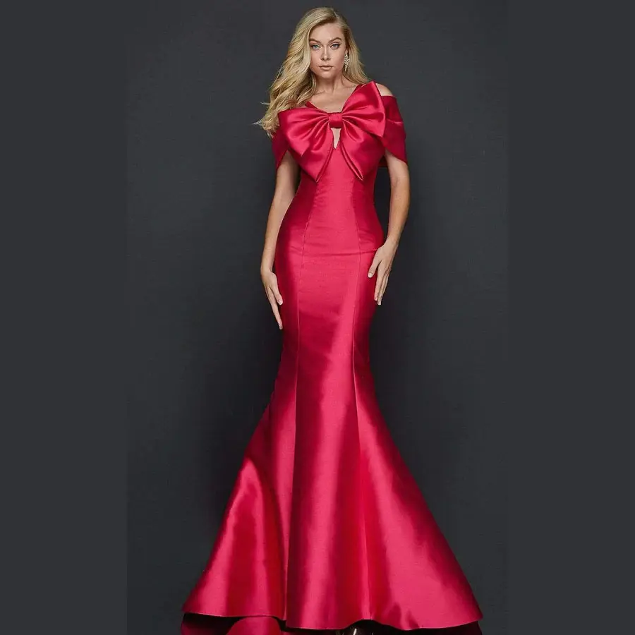Off-shoulder Sleeves Red Huge bow accent Women Party Dresses Long Evening Elegant Mermaid Evening Gown