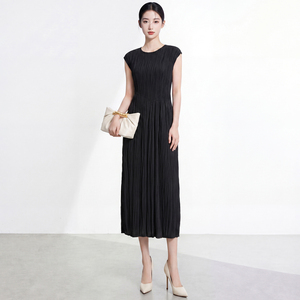 PY Women's Sleeveless Pleated Knee-Length O-Neck <b>Loose</b> Solid Breathable Pink Woven Casual Spring Autumn <b>Dress</b> - Product Image 1