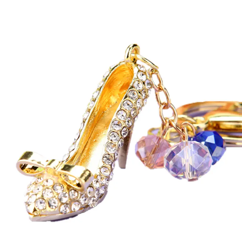 Valentine gifts pom pom keychain diamond bling high heels shoe leather luxury pompom offwhite key chain for car handbag