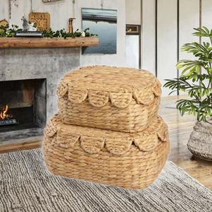 Set of 2 <b>Small</b> Vintage Circle Scalloped Edge Water Hyacinth Storage <b>Baskets</b> <b>with</b> <b>Lids</b> Eco-Friendly & Multifunction - Product Image 3