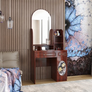 Classic <strong>Dressing</strong> <strong>Table</strong> with Mirror 80cm Makeup <strong>Table</strong> <strong>Brown</strong> MDF Bedroom <strong>Table</strong> with Metal Slider Drawers - Product Image 5