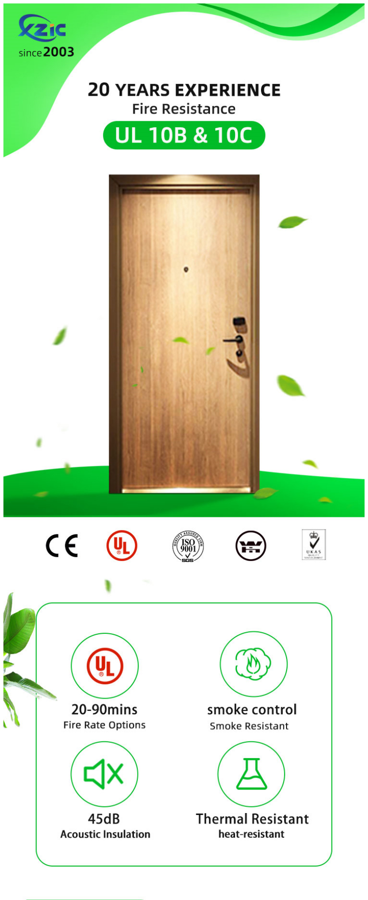 Hour UL Wood Fire Door Self-Closing Entrance Door for Hotel With