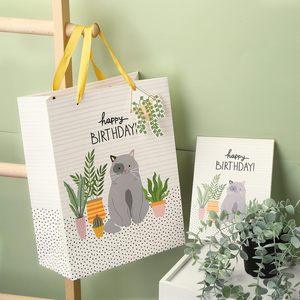 <b>Large</b> <b>Gift</b> <b>Bag</b> With Card And Tissue Paper Cat Plant Design Birthday Party Art Paper Offset Printing - Product Image 4
