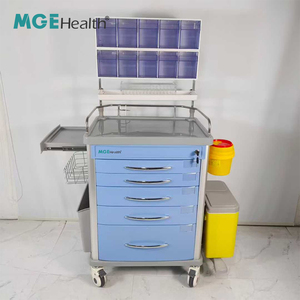 Chariot d'anesthésie hospitalier avec plateau supérieur en ABS, verrouillage centralisé, cinq tiroirs, étagère latérale dissimulée, double rangée, support réglable pour dix boîtes, verre souple - Product Image 3