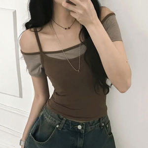 Ensemble deux pièces pour femmes, t-shirt à épaules dénudées à blocs de couleur, haut en maille, style décontracté, mode streetwear, hauts en tricot - Product Image 4