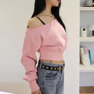 Felpe da donna con spalle scoperte a manica lunga oversize top Crop donna con motivo strass felpe con cappuccio autunno primavera - Product Image 2