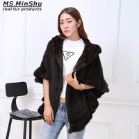 MWPelz Mode Gestrickter Nerzfell-Poncho Damen Pelz-Cape Kapuzenmantel Reißverschluss Mode Damen-Oberbekleidung Nerzfell-Schal