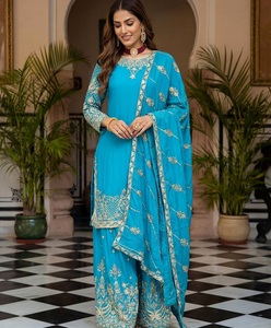 Conjunto de Traje Indio Pakistaní de Seda Azul Bordado, Salwar Kameez Dupatta, Atuendo Tradicional para Bodas y Fiestas para Mujer, Ropa Elegante - Product Image 1