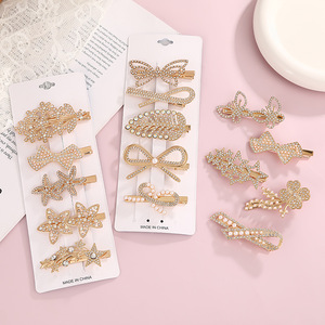 European American Style Luxury Rhinestone Alloy Hair <b>Clip</b> Set With Pearls Bowknot Butterfly <b>Star</b> Flowers Side <b>Clip</b> Daily Use - Product Image 3