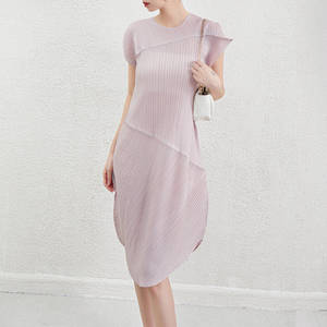 Miyake <span class=keywords><strong>robe</strong></span> d'été pour femmes couleur unie bleu clair robes plissées chic modeste Simple Vestidos à manches courtes col rond - Product Image 2