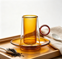 Ensemble de tasses en verre borosilicate à double paroi WUSO, tasse intérieure ambrée et soucoupe assortie, poignée à anneau rouge, résistant à la chaleur pour le café et le thé